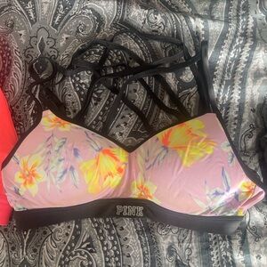 PINK Victoria's Secret Floral Strappy Sports Bra in Pink and Yellow